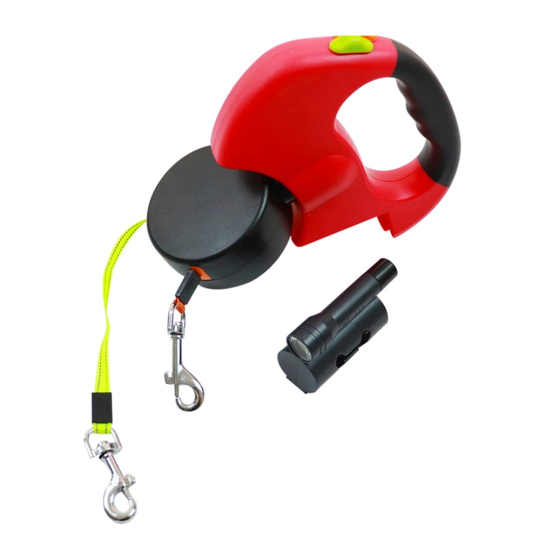 سلك مزدوج قابل للسحب للكلاب - مع مصباح LED وموزع أكياس