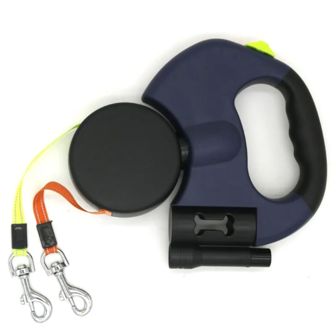 سلك مزدوج قابل للسحب للكلاب - مع مصباح LED وموزع أكياس