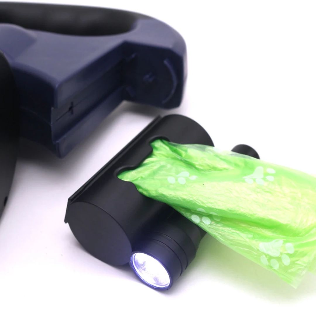 سلك مزدوج قابل للسحب للكلاب - مع مصباح LED وموزع أكياس